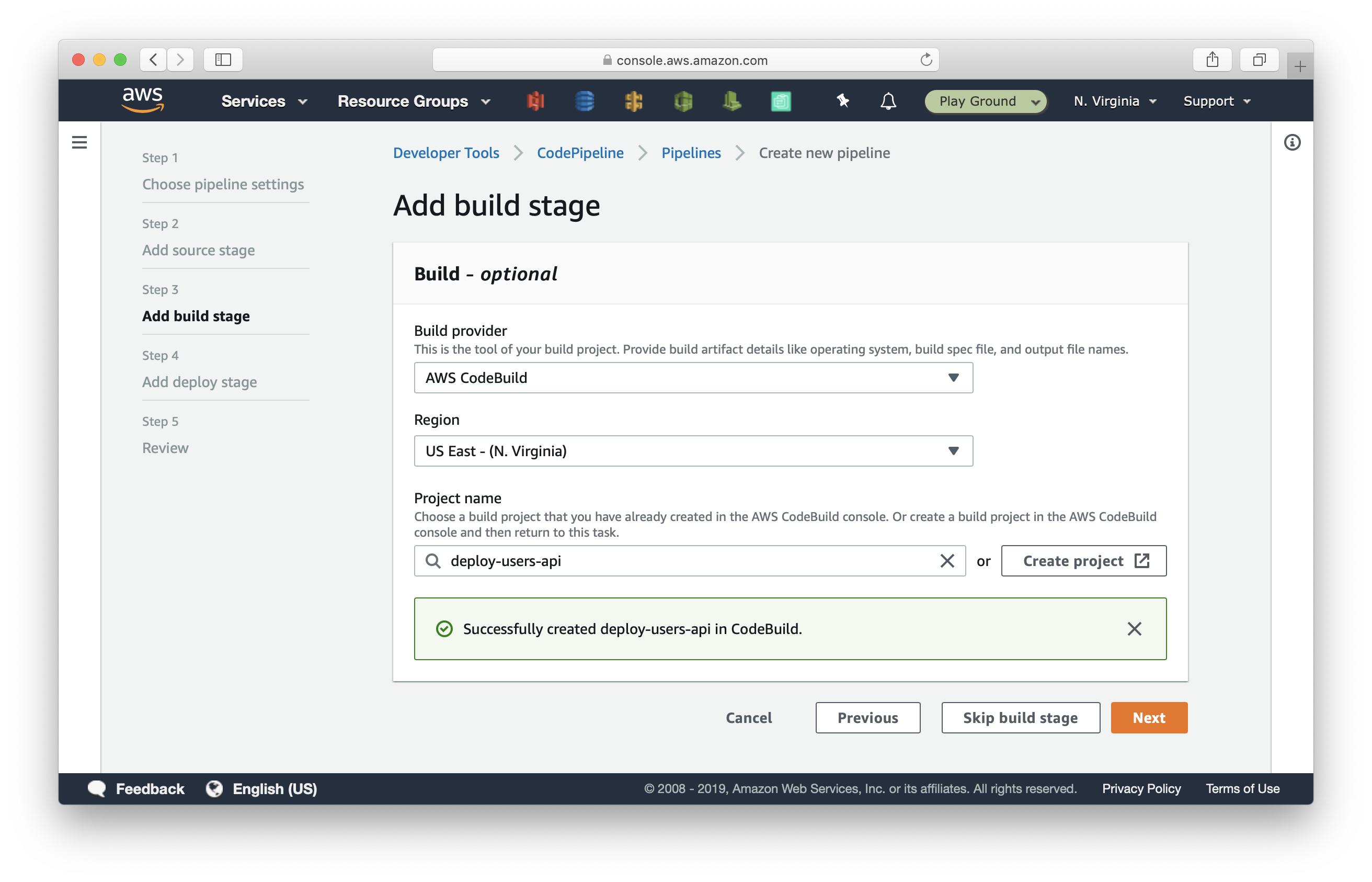 Add build stage in CodePipeline