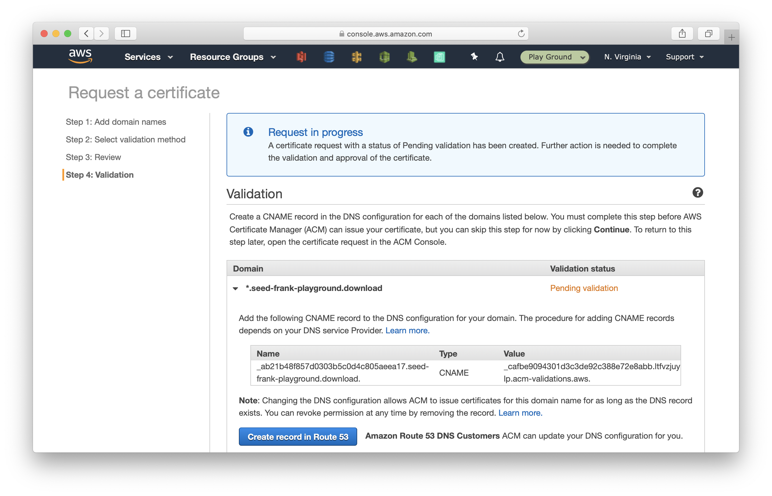 Click Create record in Route 53 in Certificate Manager
