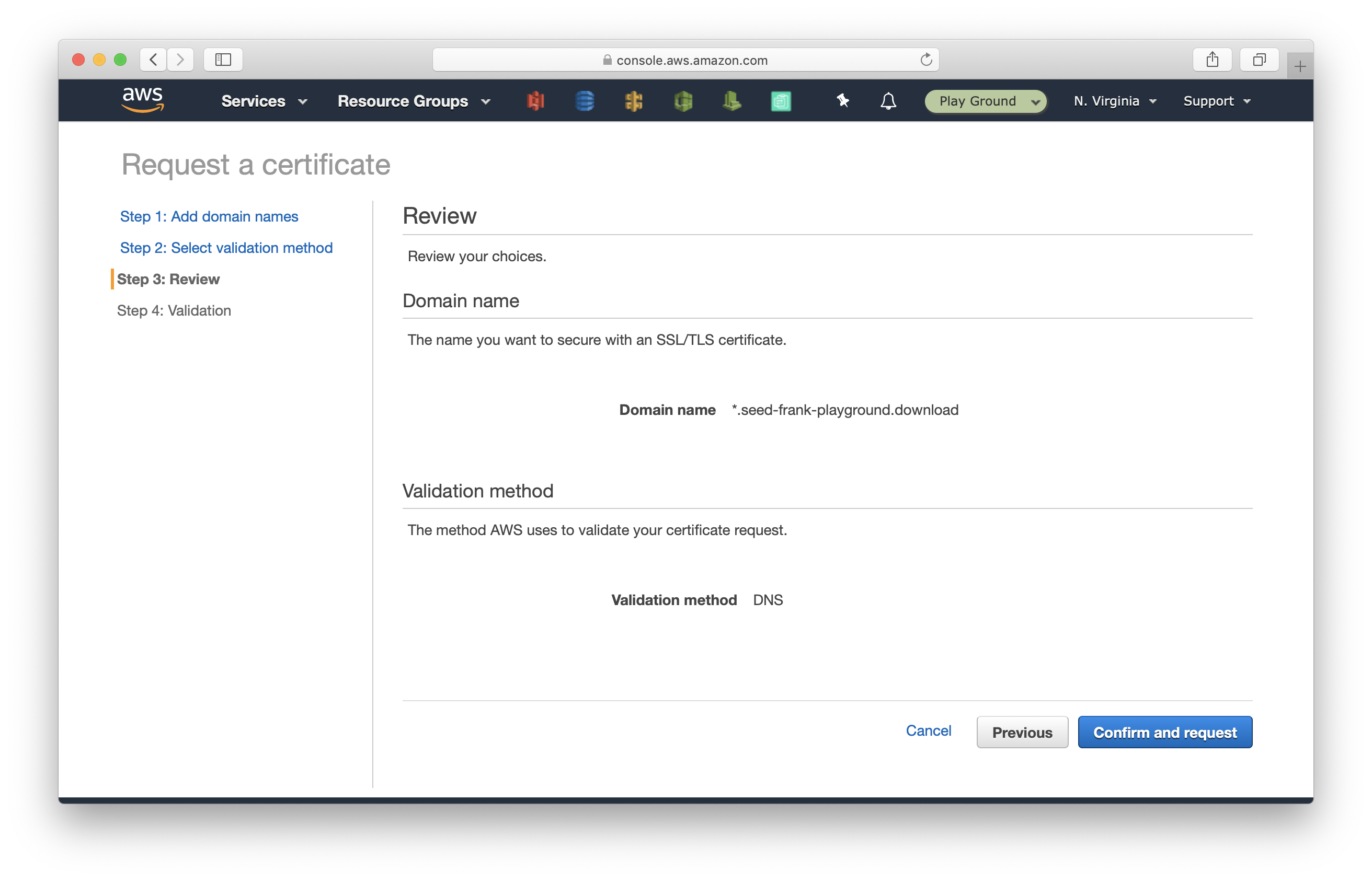 Confirm and request a certificate in Certificate Manager