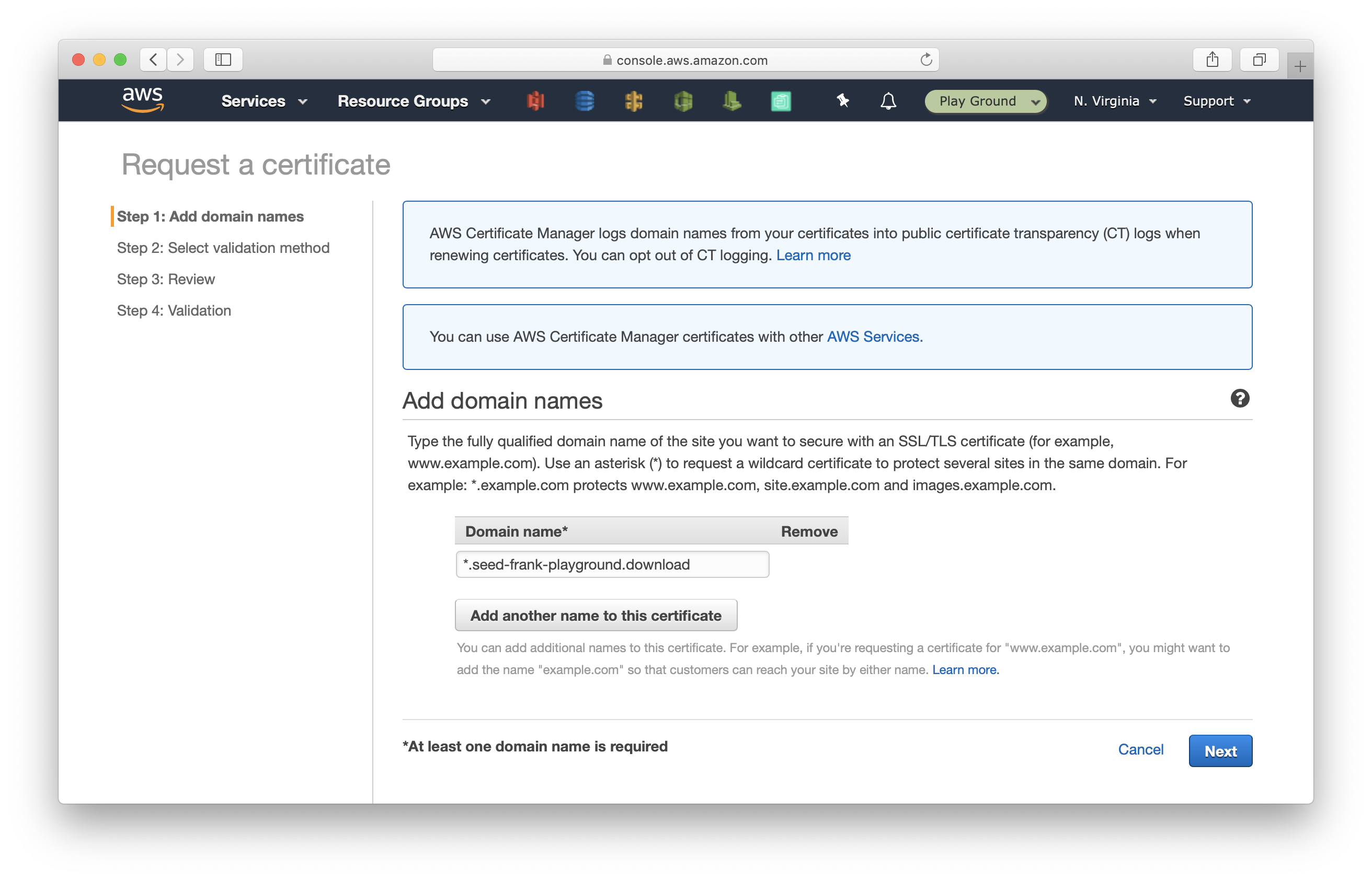 Set domain name for certificate in Certificate Manager