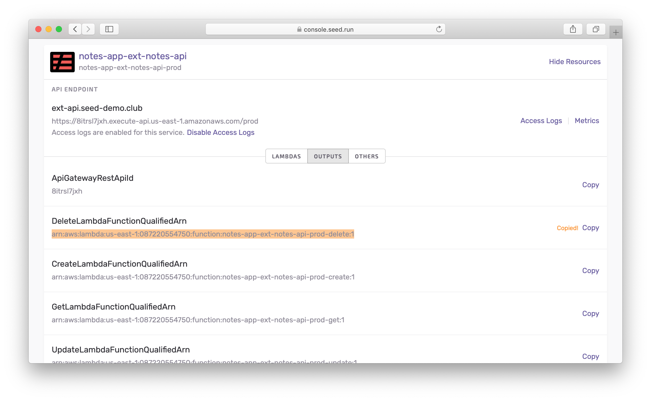 Copy stack outputs in deployment info