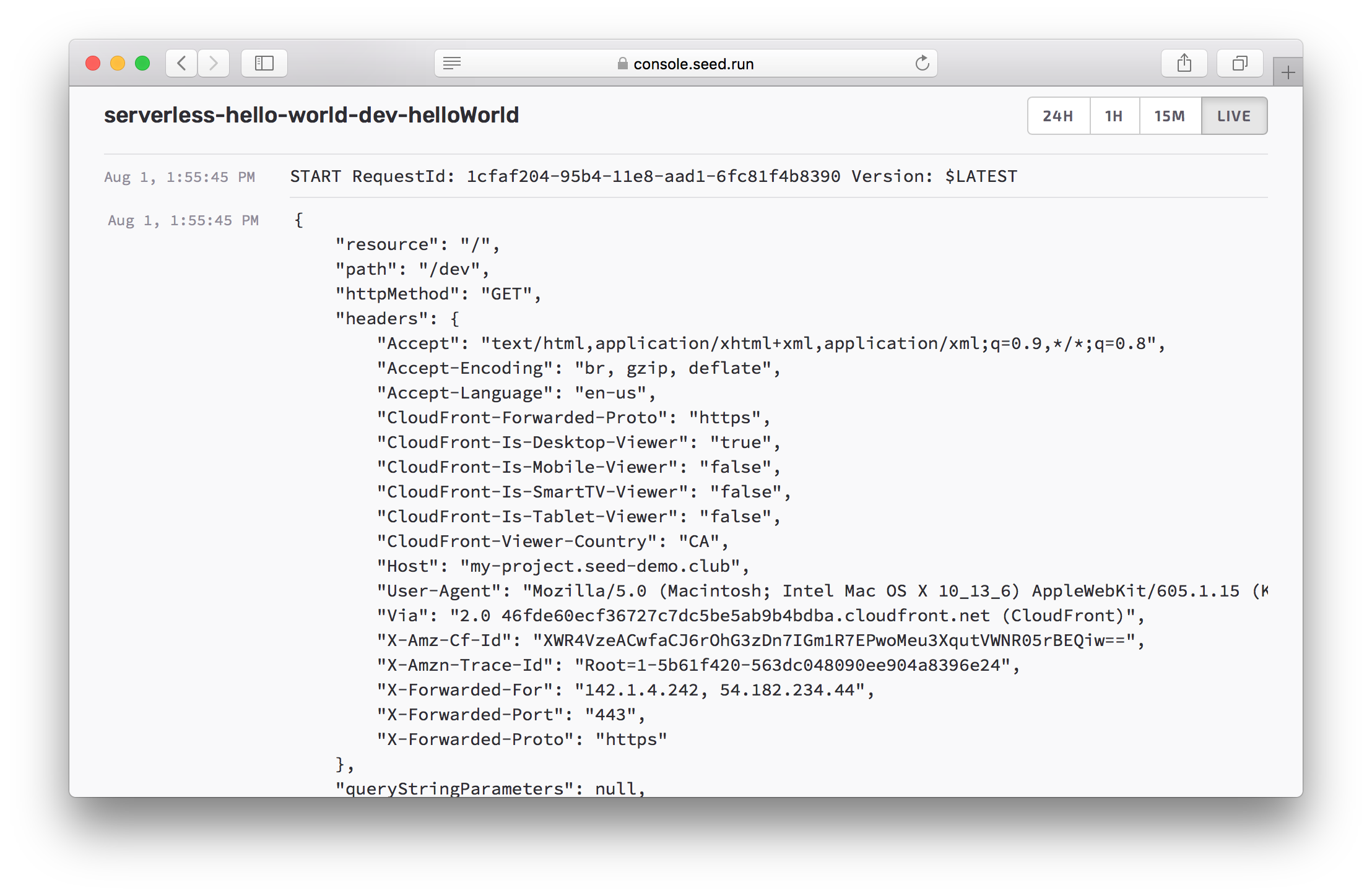 Pretty printed JSON Lambda logs