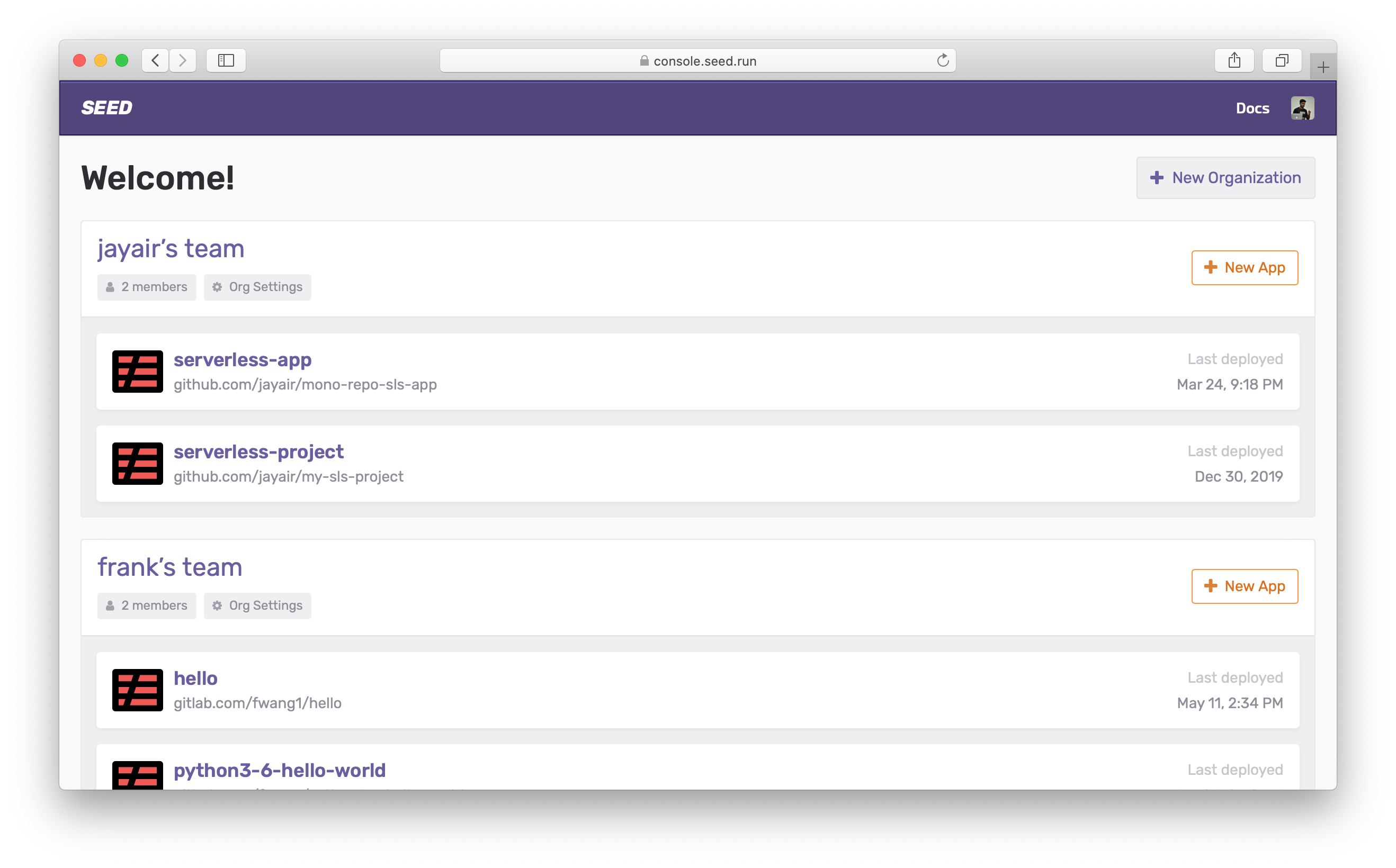 New Seed console homepage