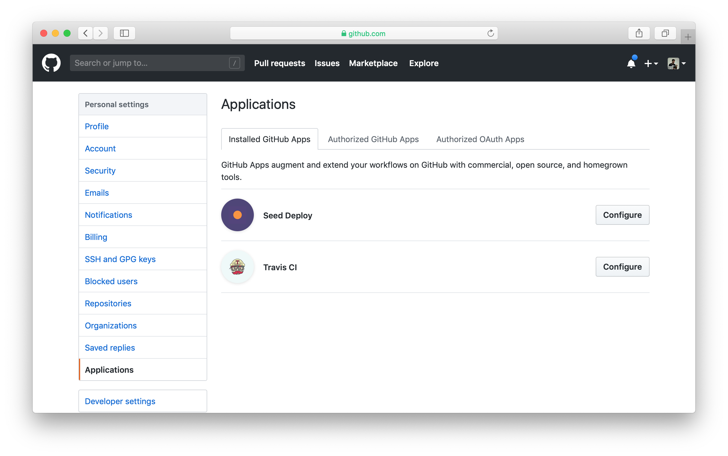Application settings for personal GitHub account