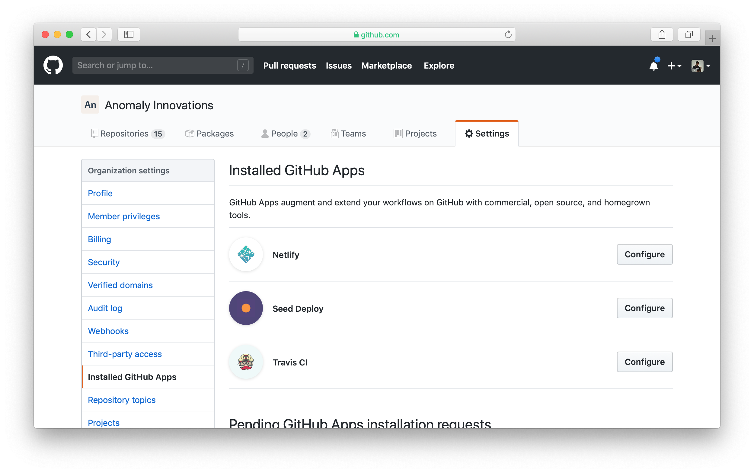 Installed GitHub apps in GitHub organization