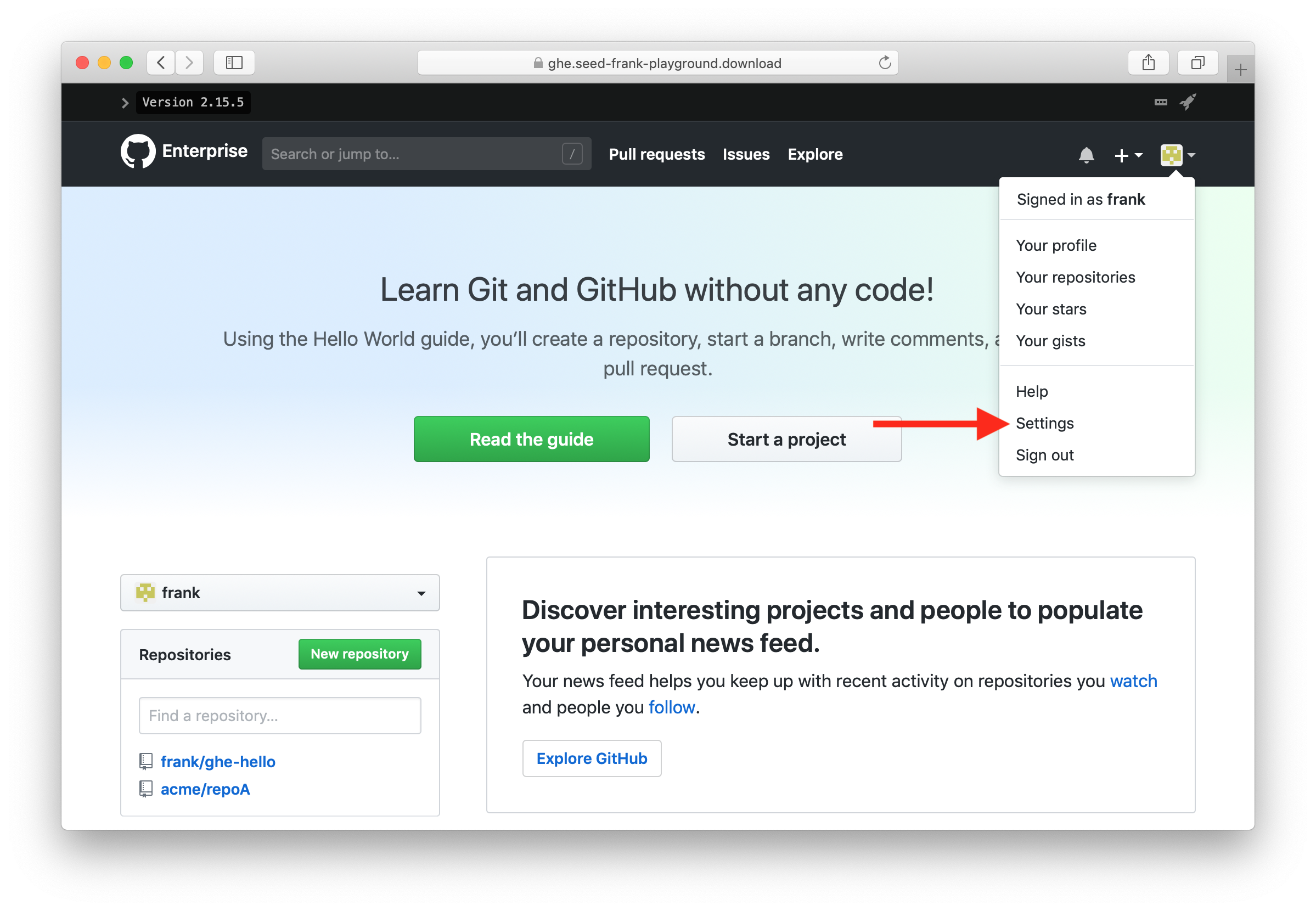 Click GitHub Enterprise settings