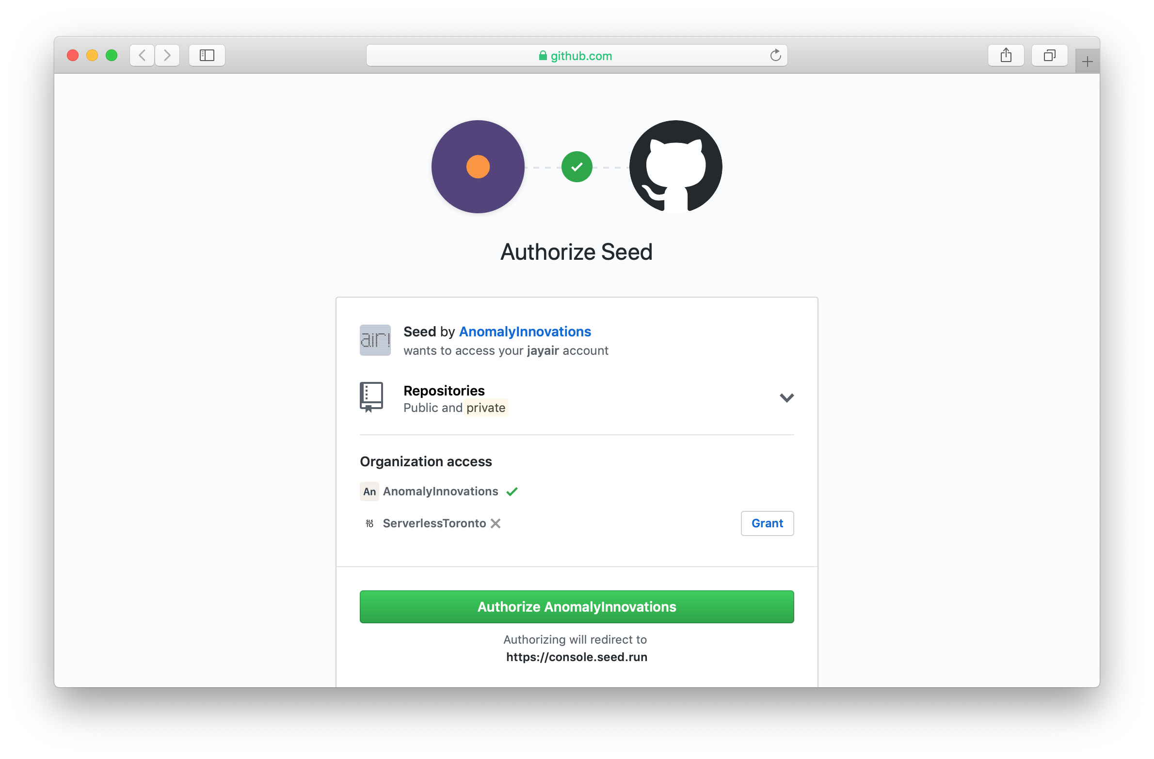 Authorize Seed on GitHub